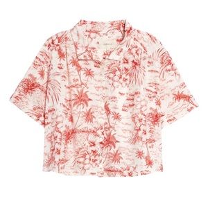 THE GREAT. Red and White Tropical Blouse. Button up crop HawaiianCruise Shirt 3